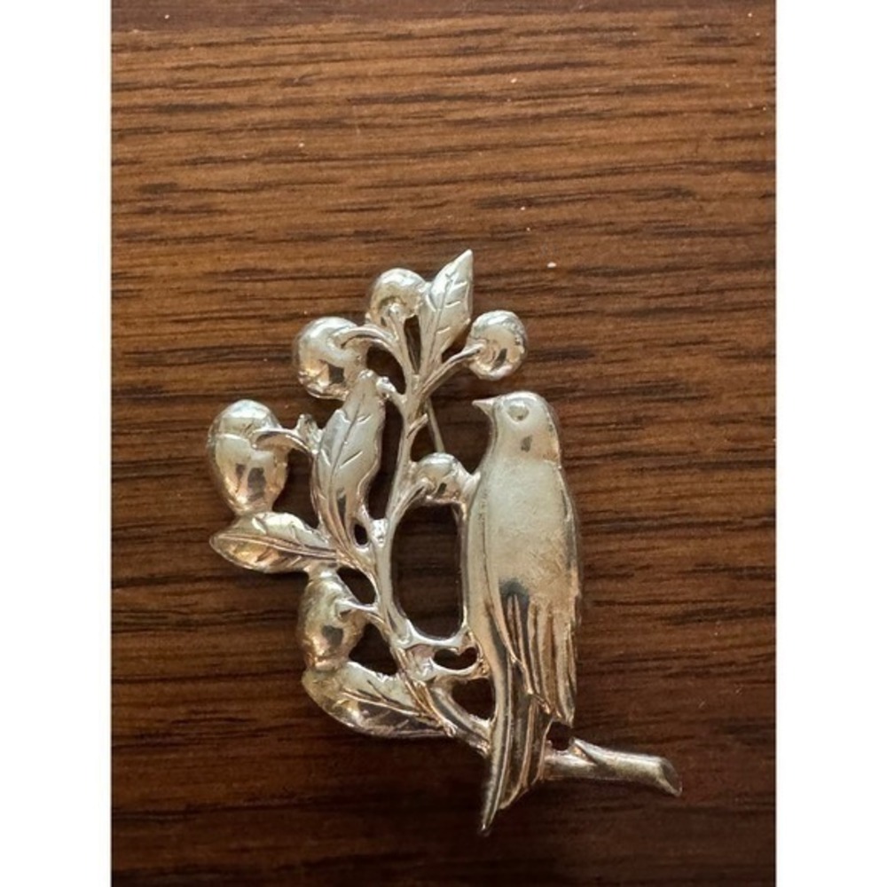 Rare theme Bird & Berries Brooch Mid- Signed‎ Danecraft Sterling Silver vintage